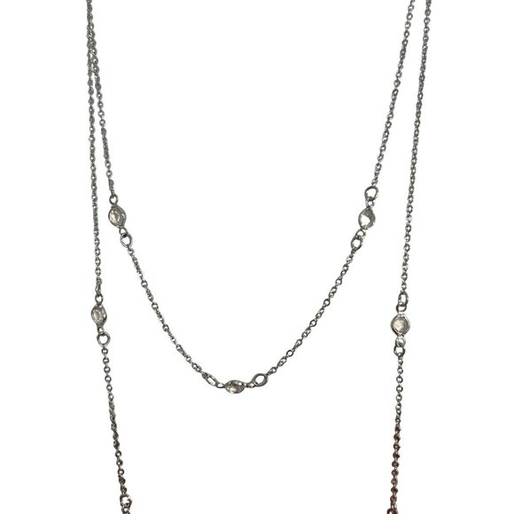 Lane Bryant Silver Tone Y Necklace Rhinestone Stations Long Layered Dainty Adj - Picture 3 of 5